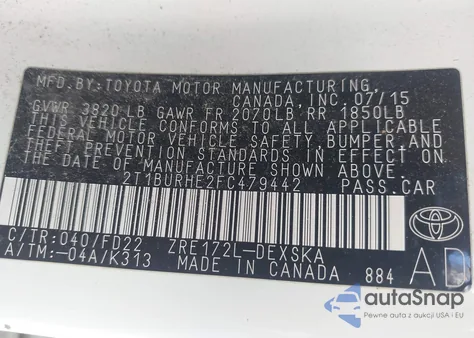 2015 Toyota Corolla S Plus z USA, uszkodzony, nr VIN 2T1BURHE2FC479442